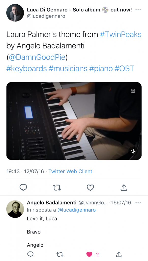 My Twitter account showing my piano cover of Laura Palmer's theme and Angelo Badalamenti's response